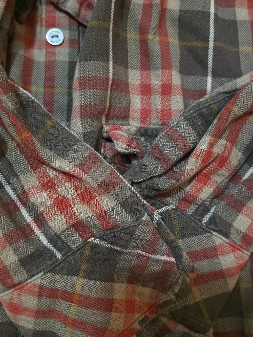 4/$67 Deal! TNA Plaid Button-Down Shirt in Olive Green and Orange - Picture 9 of 12